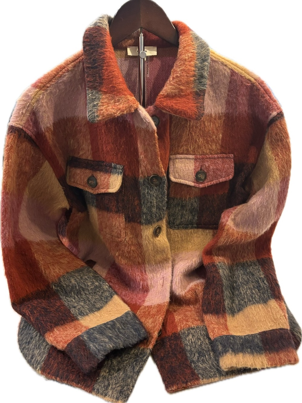 entro Plaid Button-Front Shacket in Rust, Pink & Gray